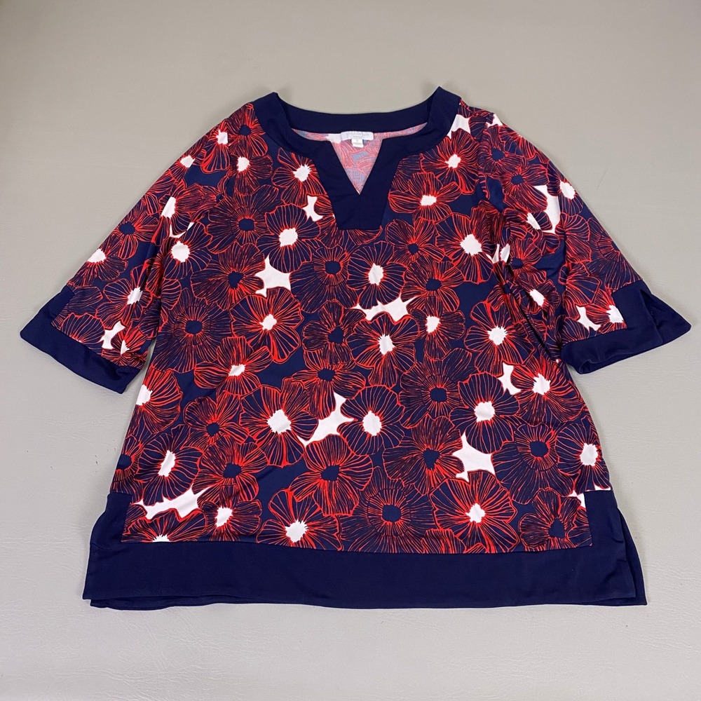 Charter Club Tunic Top Blouse Women's Plus 1X Navy Blue Red Floral Split V-Neck